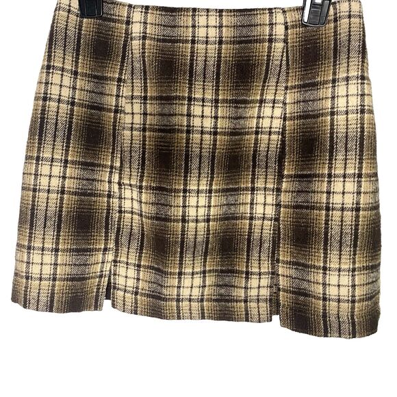 CIDER Mini Skirt Plaid Double Front Slits Retro Preppy Womens Size S Brown Tan - Picture 1 of 5